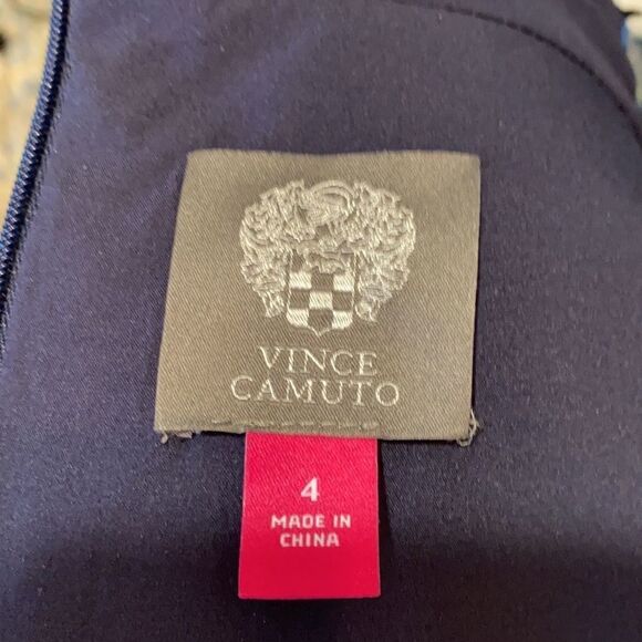 Vince Camuto Navy Embellished Deep V Neck Fitted Cocktail Dress Knee Length - Picture 5 of 14